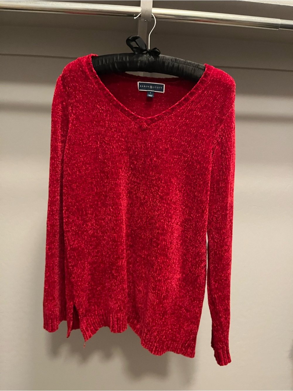 Karen Scott Bright Red V-Neck Chenille Pullover